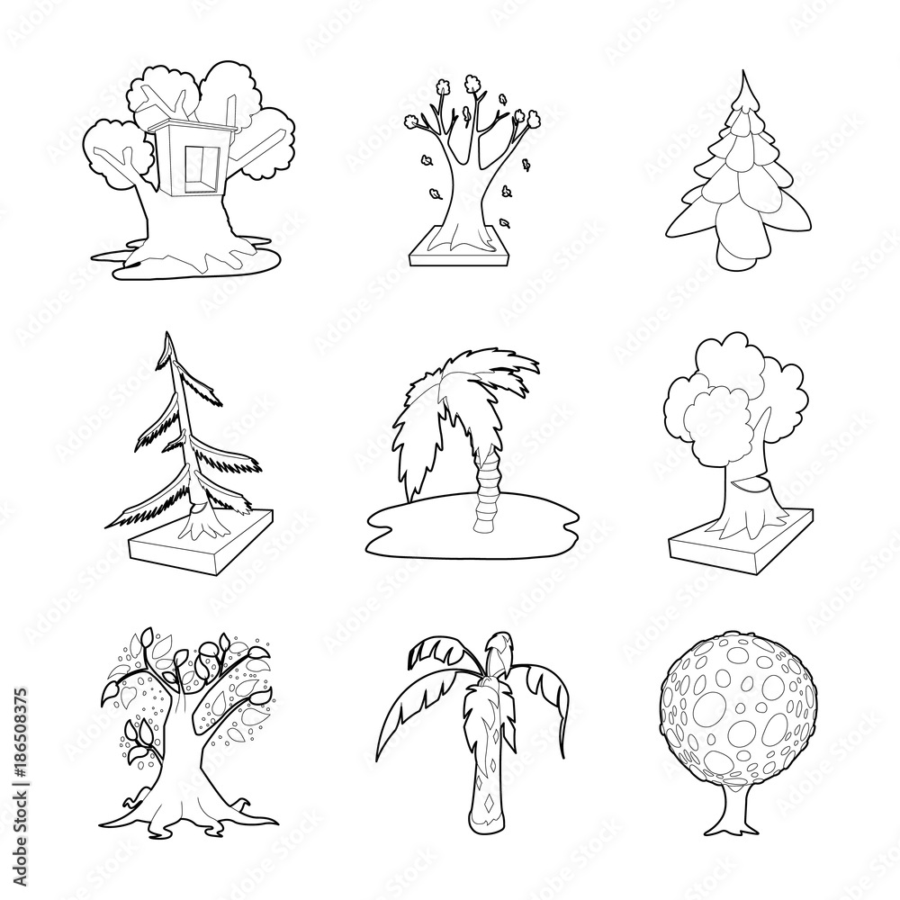 Tree icon set, outline style