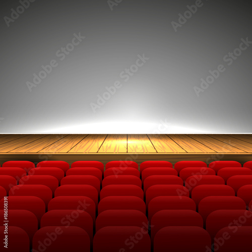 Rows of red cinema or theater seats hall interior, stage with wooden floor isolated of gray background. Vector illustration
