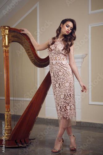Full lenght portrait of gorgeous woman in the lace dress near the harp