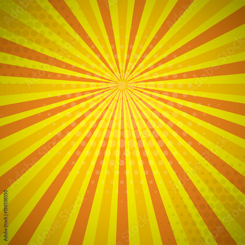 Yellow orange autumn colored Pop-Art style blue comics book background, Lichtenstein popart. Pop art comic strip backdrop sunlight, sun ray space. Funny halftone dotted template. Vector illustration.