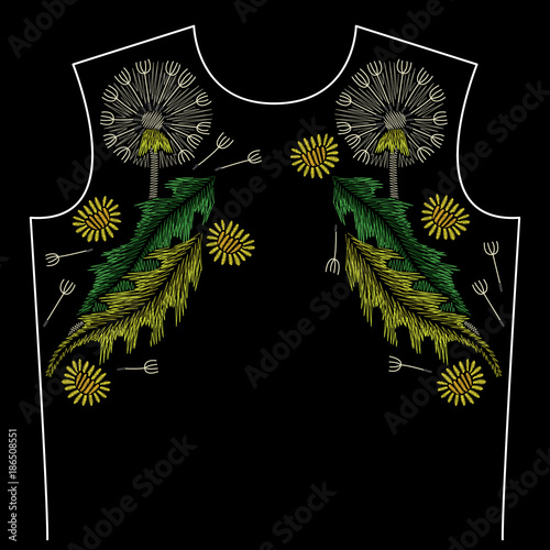 Fototapeta Naklejka Na Ścianę i Meble -  Embroidery neck line pattern with dandelion