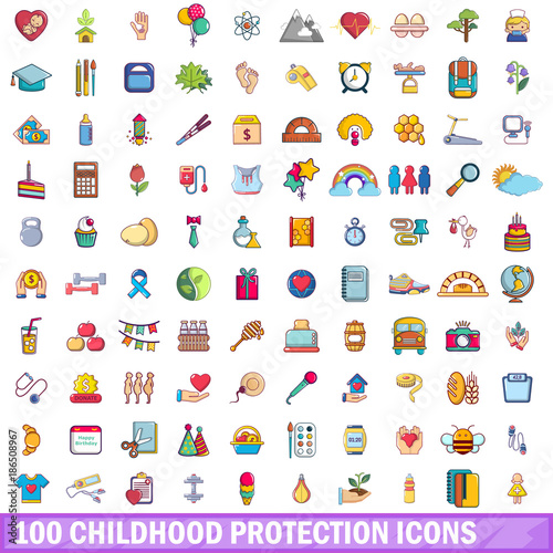 100 childhood protection icons set, cartoon style 