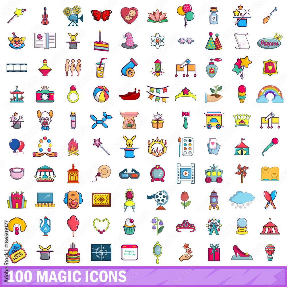 100 magic icons set, cartoon style 100 magic icons set, cartoon style