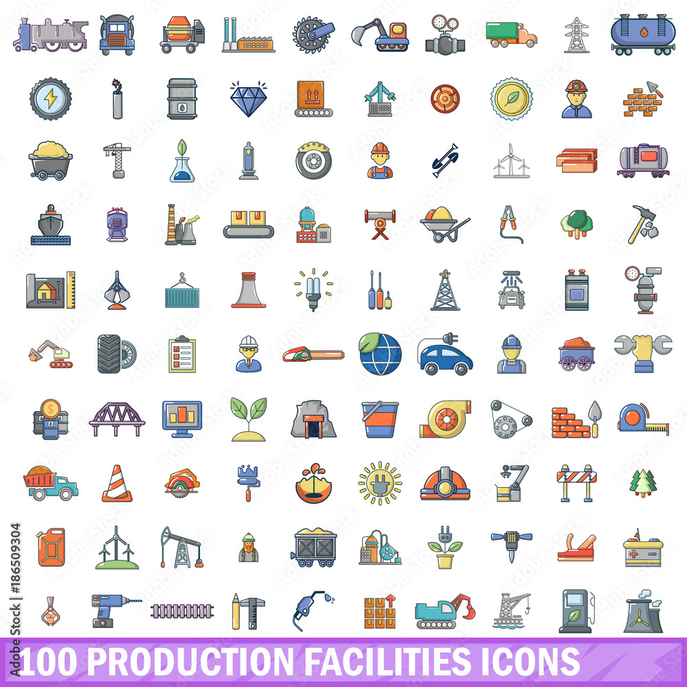 100 production facilities icons set, cartoon style 100 production facilities icons set, cartoon style