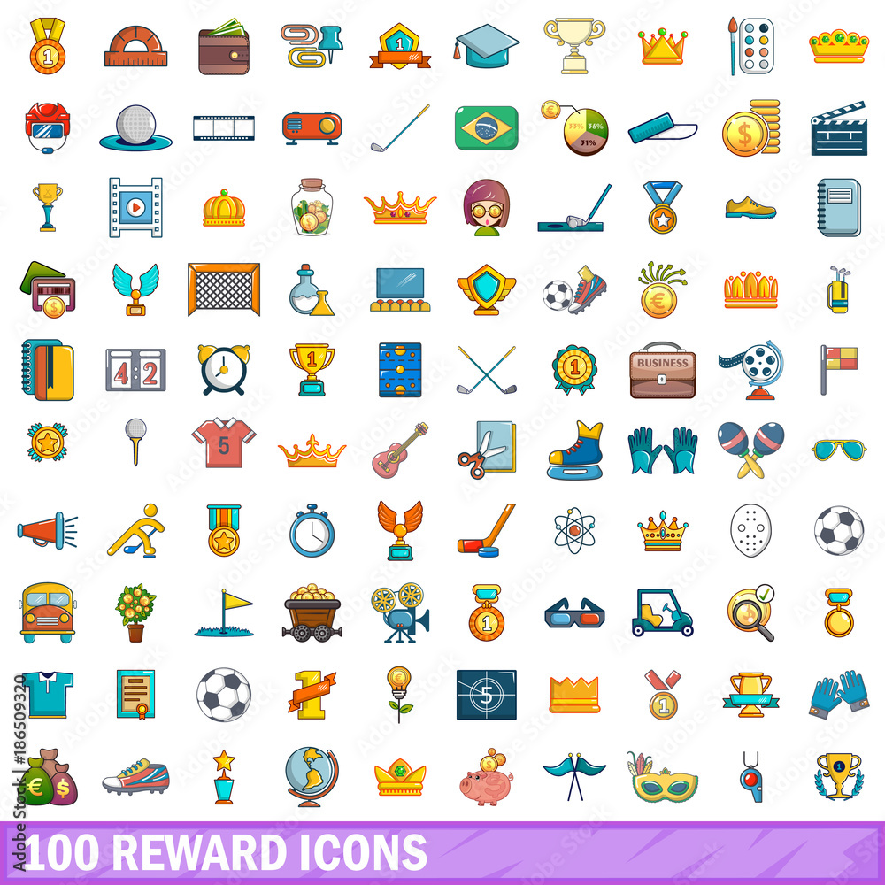 100 reward icons set, cartoon style 100 reward icons set, cartoon style