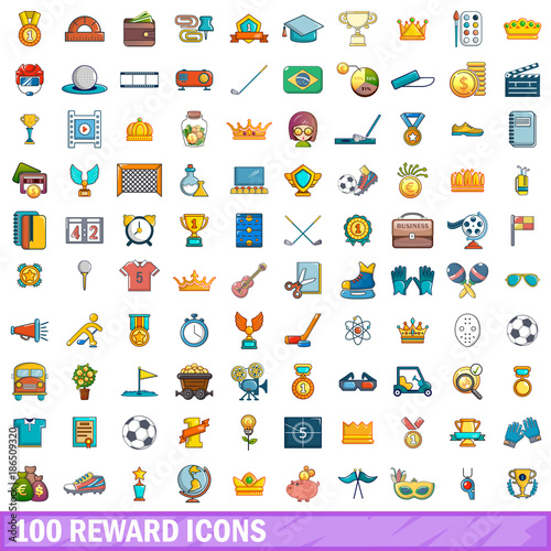 100 reward icons set, cartoon style 