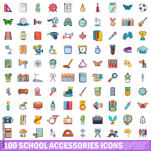 100 school accessories icons set, cartoon style 