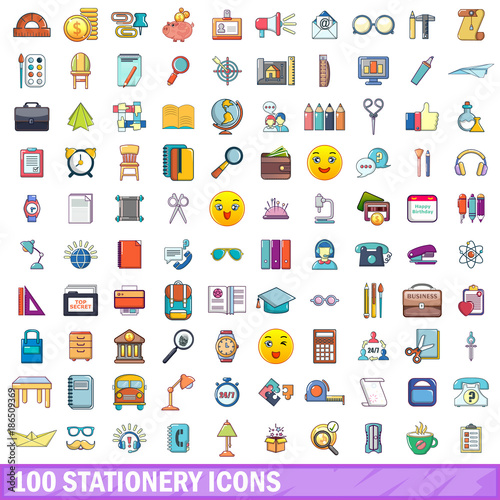 100 stationery icons set, cartoon style 