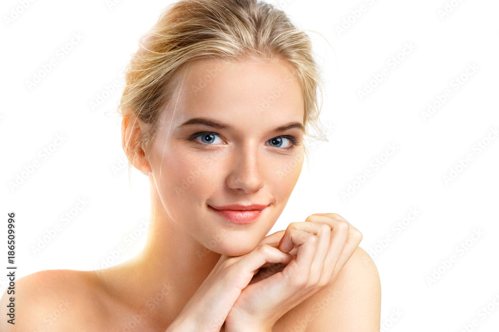 Image of beautiful smiling blonde girl on white background. Beauty & Skin care concept Image of beautiful smiling blonde girl on white background. Beauty & Skin care concept