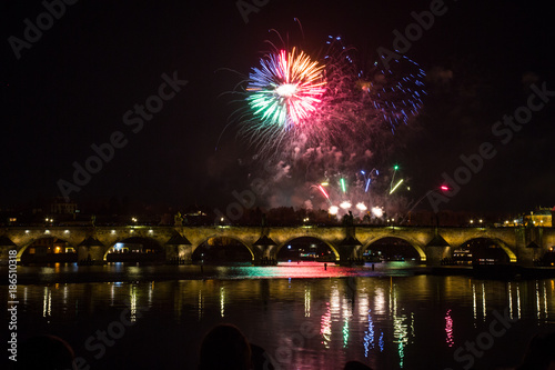 Colorful firework in Prague on New Year celebration photo