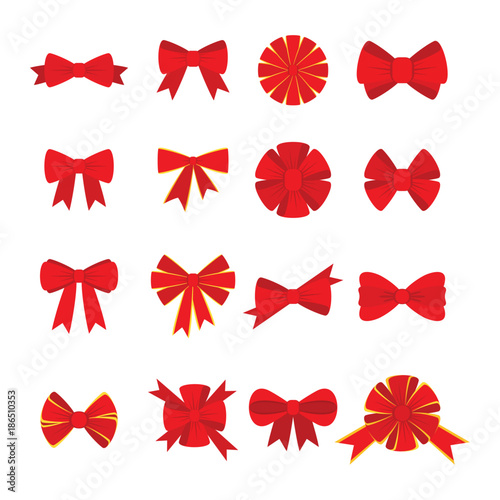 Vector red bow for decorating gifts, surprises for holidays. Packing presents for birthday, new year and Christmas. Promotion and Discount flat illustration. Objects isolated on white background. photo