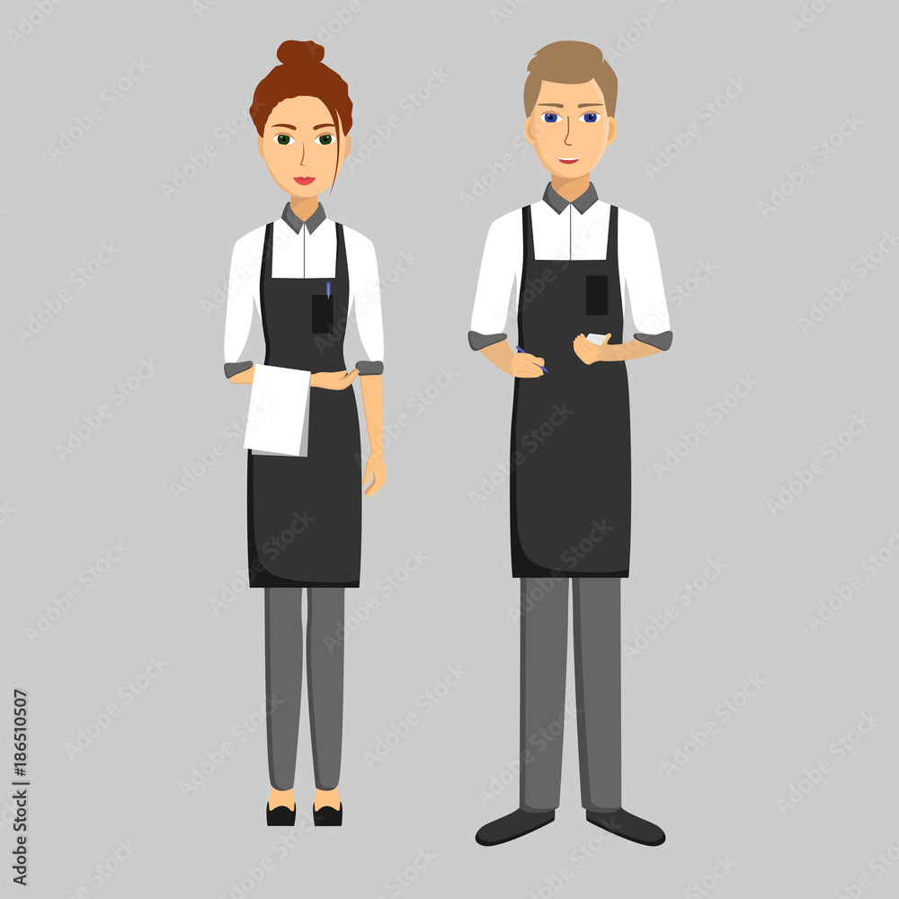 Waiters. Girls and men written and with towels on their hands. Taking order. Vector flat illustration Waiters. Girls and men written and with towels on their hands. Taking order. Vector flat illustration
