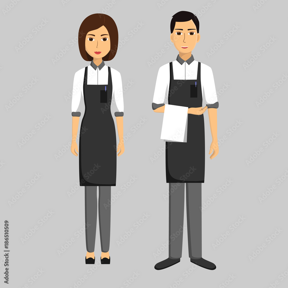Waiters. Girl and men. Taking order. Vector flat illustration
