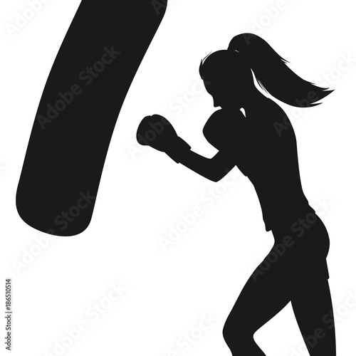 Boxing woman exercises with punching bag. Shilhouette isolated on white background. Vector illustration