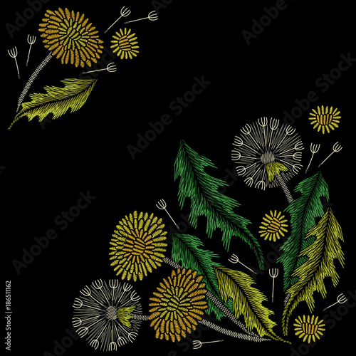 Fototapeta Naklejka Na Ścianę i Meble -  Embroidery corner floral pattern with dandelion