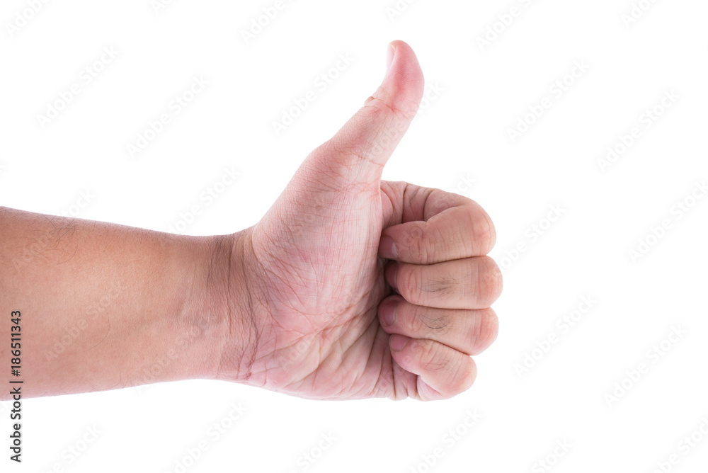 Man hand with thumb up isolated on white background. Like and Good gesturing theme. Man hand with thumb up isolated on white background. Like and Good gesturing theme.