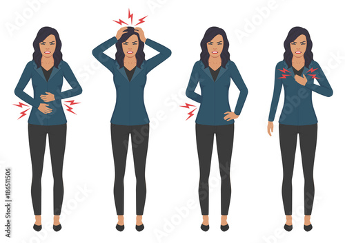  vector illustration of a sick woman with ache problems, head chest back and stomach pain 