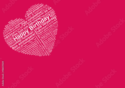 Happy Birthday in different languages wordcloud in heart shape greeting card