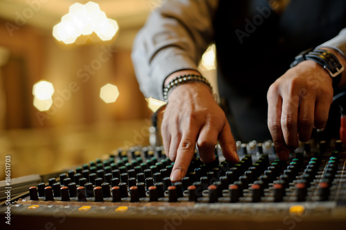 sound check for concert. Mixer control. Music engineer. Backstage 