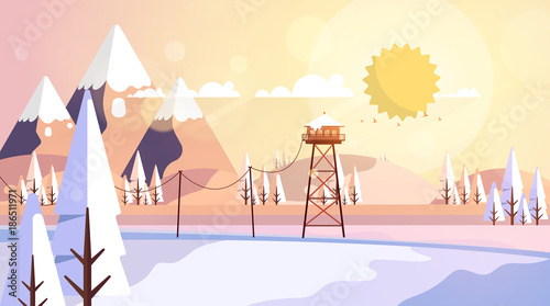 Flat Style Beautiful Landscape Illustration, with Wooden ViewPoint Building.