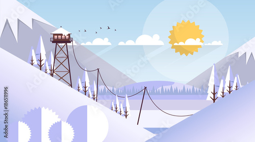 Flat Style Beautiful Landscape Illustration, with Wooden ViewPoint Building.