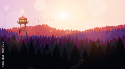 Flat Style Beautiful Landscape, Natural Parkland Illustration, with Wooden ViewPoint Building.