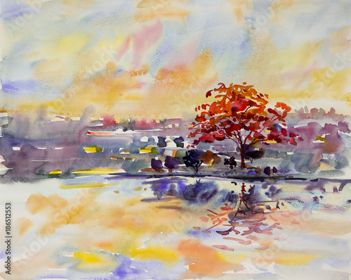 Obraz na płótnie Akwarela krajobraz malarstwo czerwony kolor pomarańczowy pawie kwiaty.