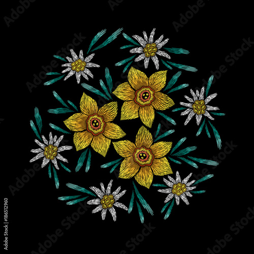 Fototapeta Naklejka Na Ścianę i Meble -  Embroidery circle floral pattern with narcissus and edelweiss