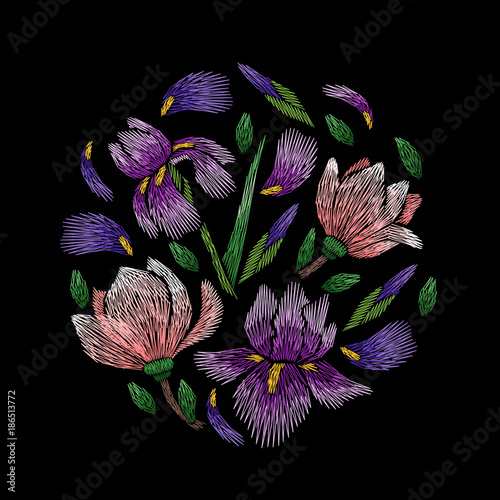 Fototapeta Naklejka Na Ścianę i Meble -  Embroidery circle floral pattern with iris and magnolia