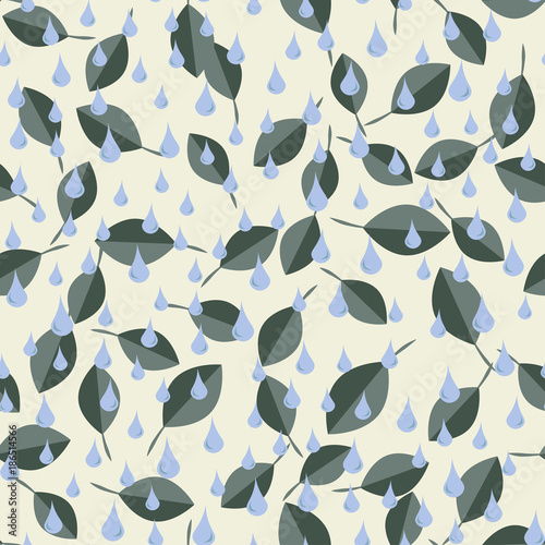 Seamless pattern with leaves and spring rain.