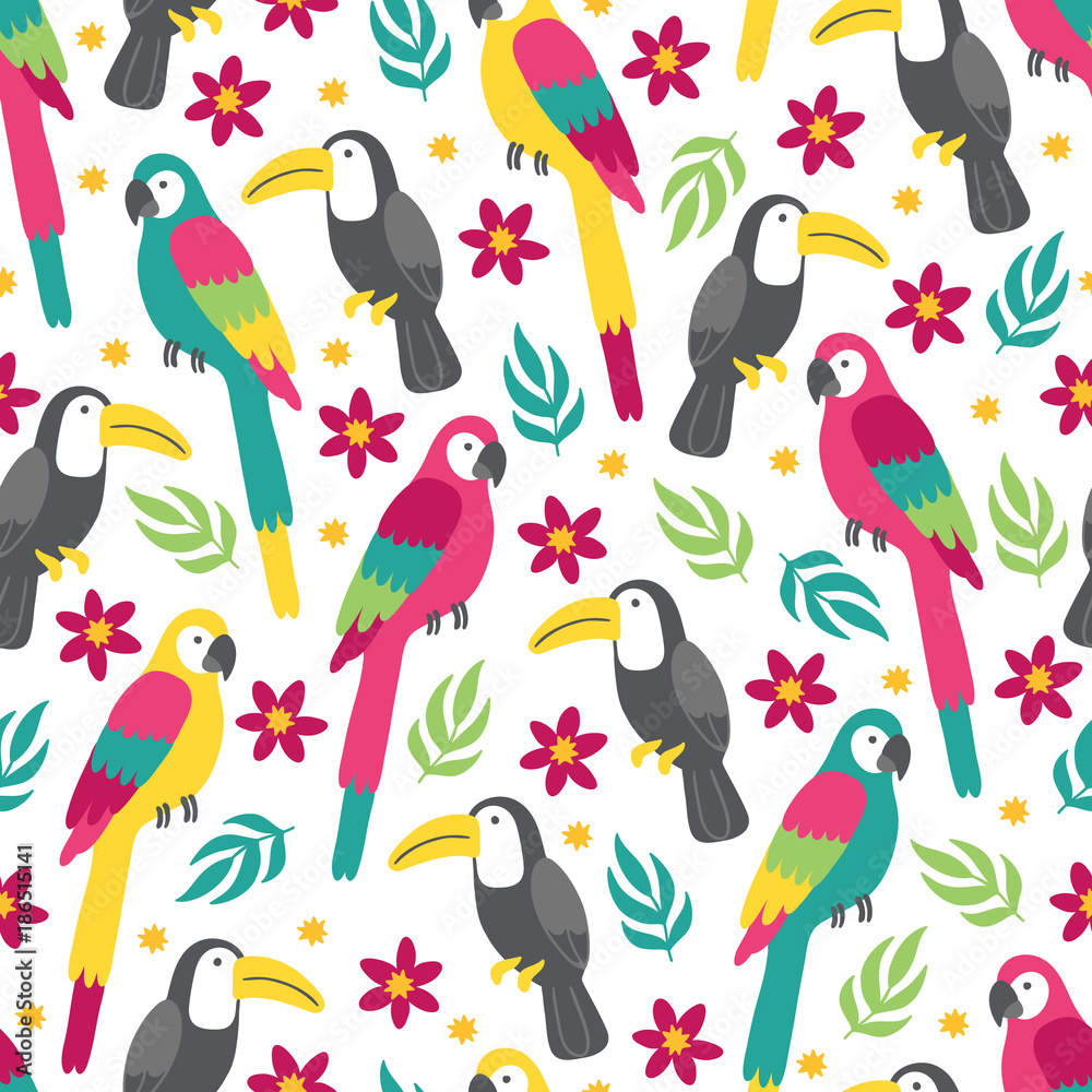 Seamless pattern with plumeria, macaw, toucan, tropical leaves and flowers Seamless pattern with plumeria, macaw, toucan, tropical leaves and flowers
