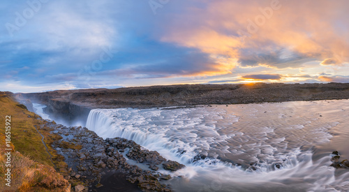 Dettifoss waterfall sunrise panorama in Iceland 