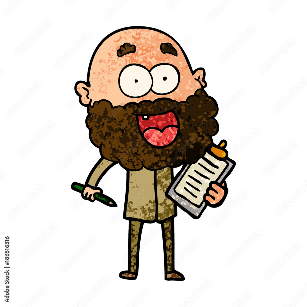 cartoon crazy happy man with beard and clip board for notes cartoon crazy happy man with beard and clip board for notes