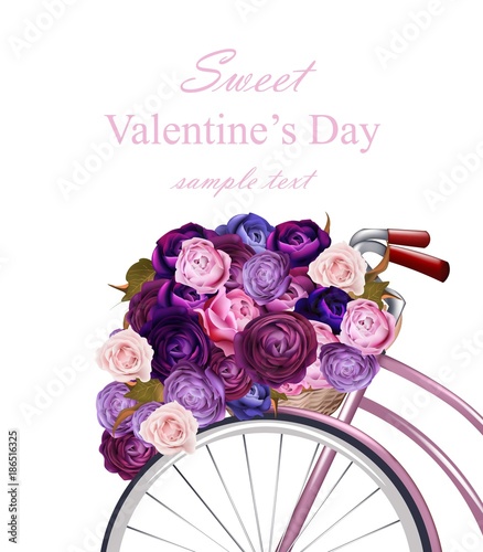 Valentines Day card with bicycle and flowers bouquet Vector. Greeting card ro...