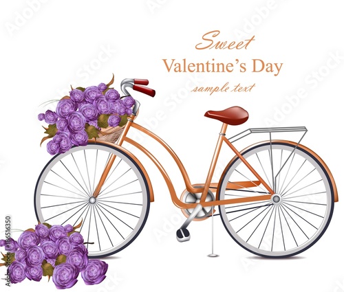 Valentines Day card with bicycle and flowers bouquet Vector. Greeting card ro...