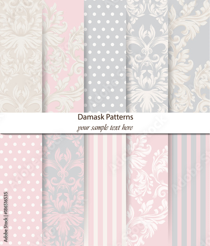 Damask patterns set Vector. Baroque ornament decor. Vintage background. Delicate combination pastel color fabric textures