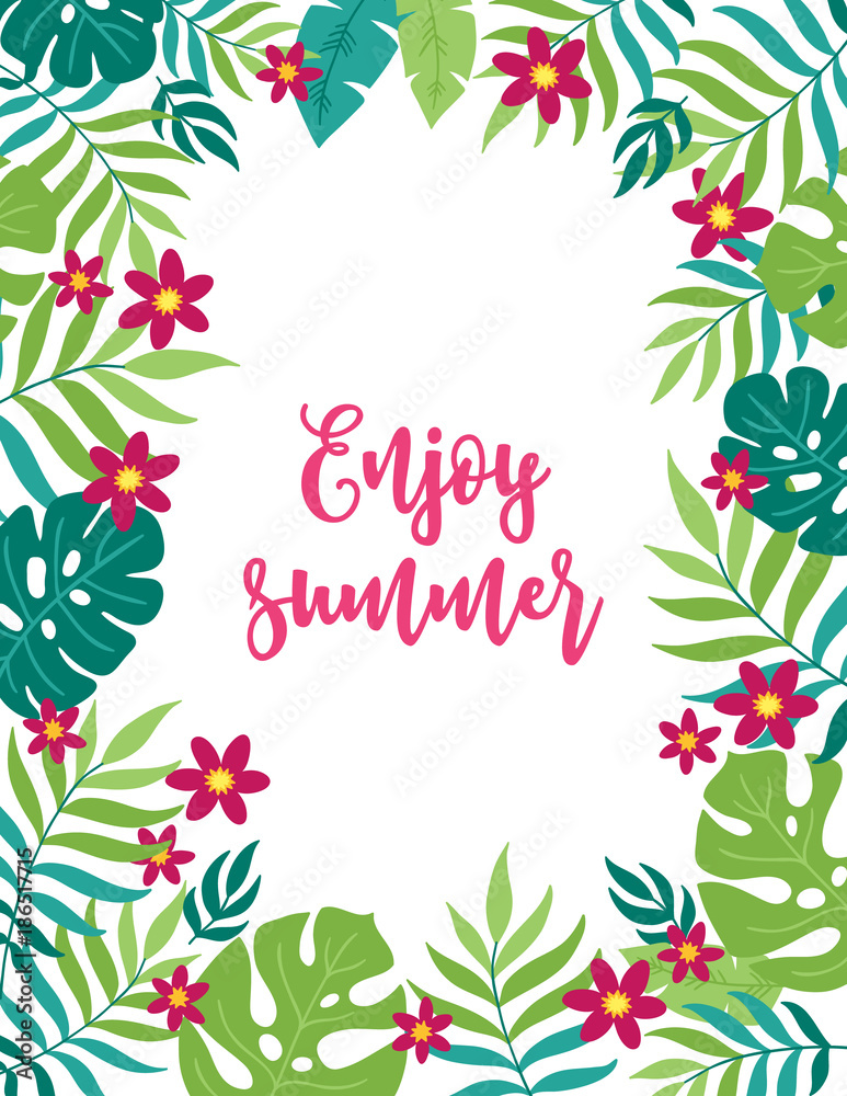Summer greeting card with flowers and tropical leaves