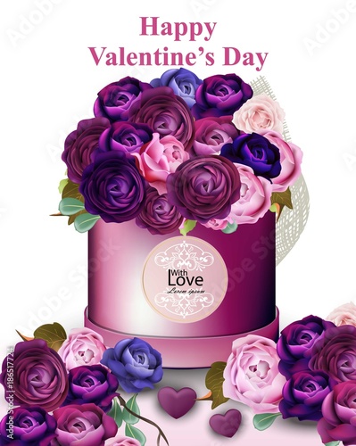 Happy Valentine card with peony and roses flowers gift box Vector illustrations