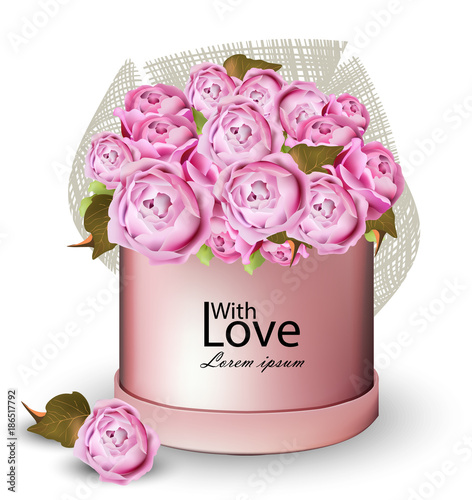 Happy Valentine card with peony flowers gift box Vector illustrations