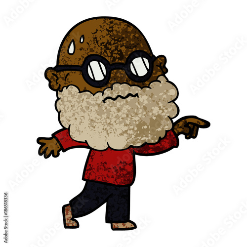 cartoon worried man with beard and spectacles pointing finger