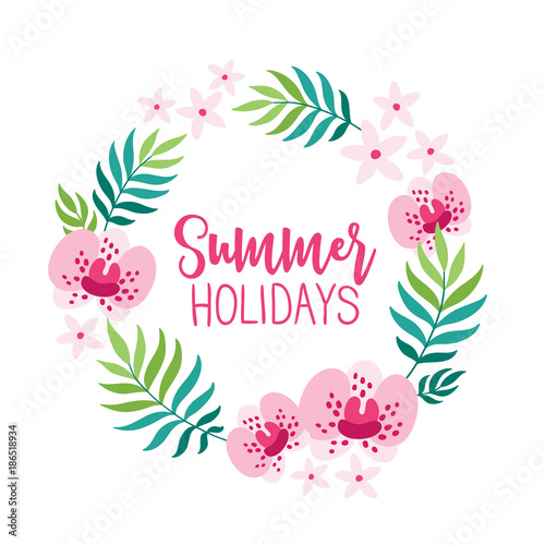 Fototapeta Naklejka Na Ścianę i Meble -  Summer wreath with tropical flowers, palm leaves and orchids