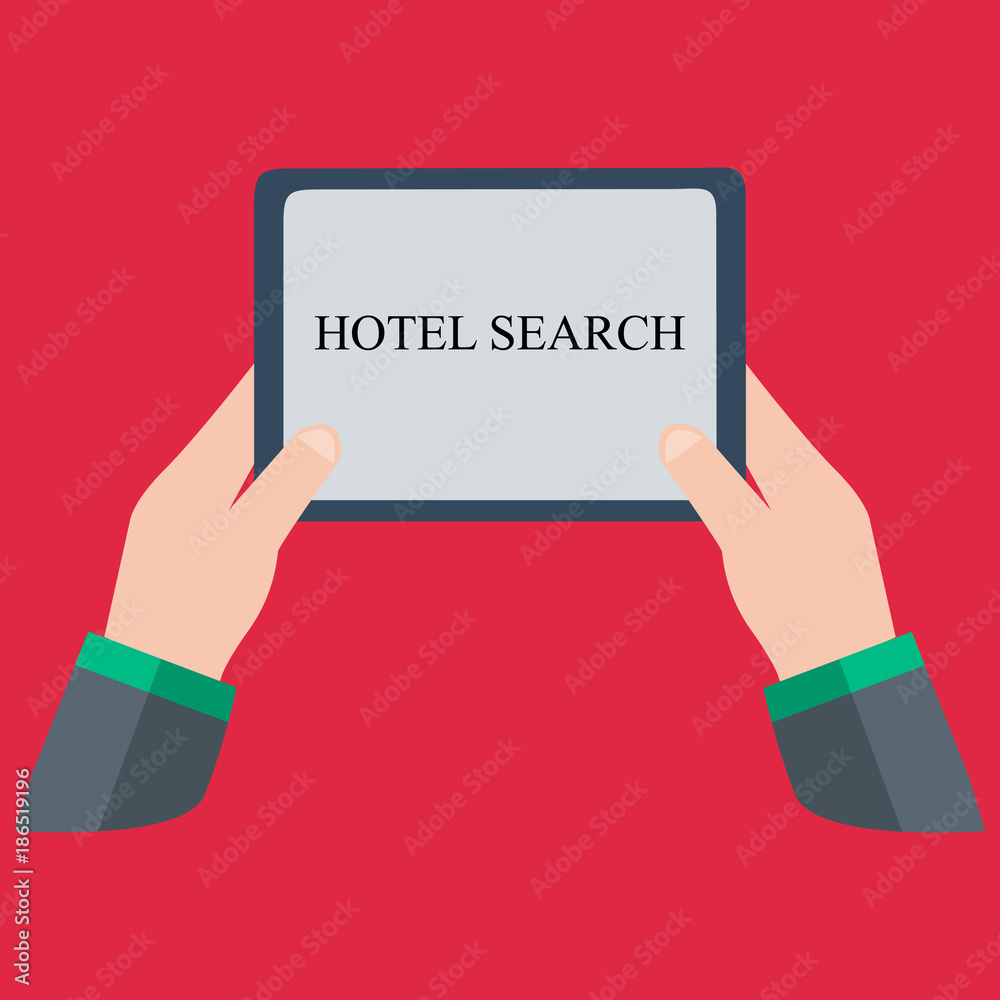 The tablet is in the hands of a person. Business illustration with the inscription:hotel search The tablet is in the hands of a person. Business illustration with the inscription:hotel search