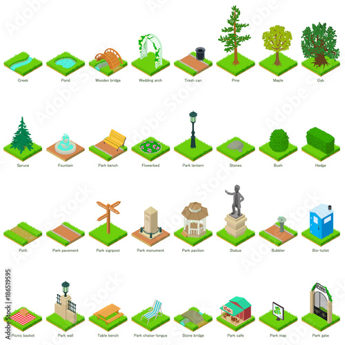 Park nature elements icons set, isometric style