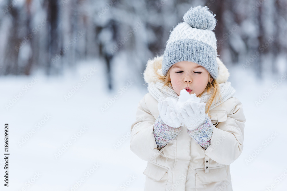 portrait of adorable kid blowing onto snow ball in hands in winter park portrait of adorable kid blowing onto snow ball in hands in winter park