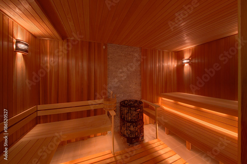 A sauna in a light tree, with coals and wooden benches