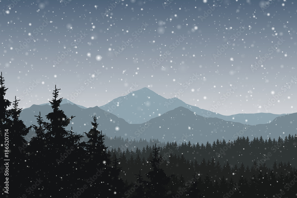 Fototapeta premium Vector illustration of winter mountain landscape with forest and falling snow