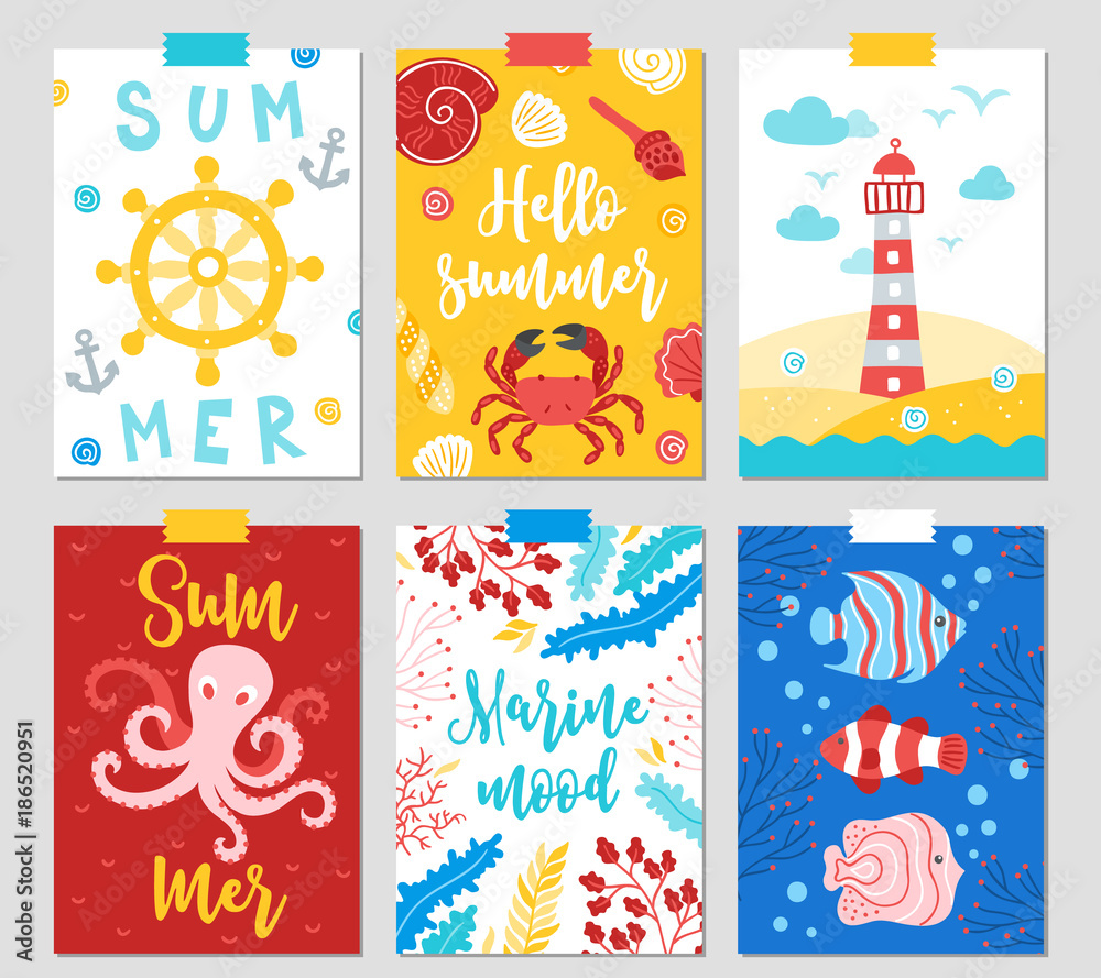 Set of six ocean cards with anchor, crab, lighthouse, octopus