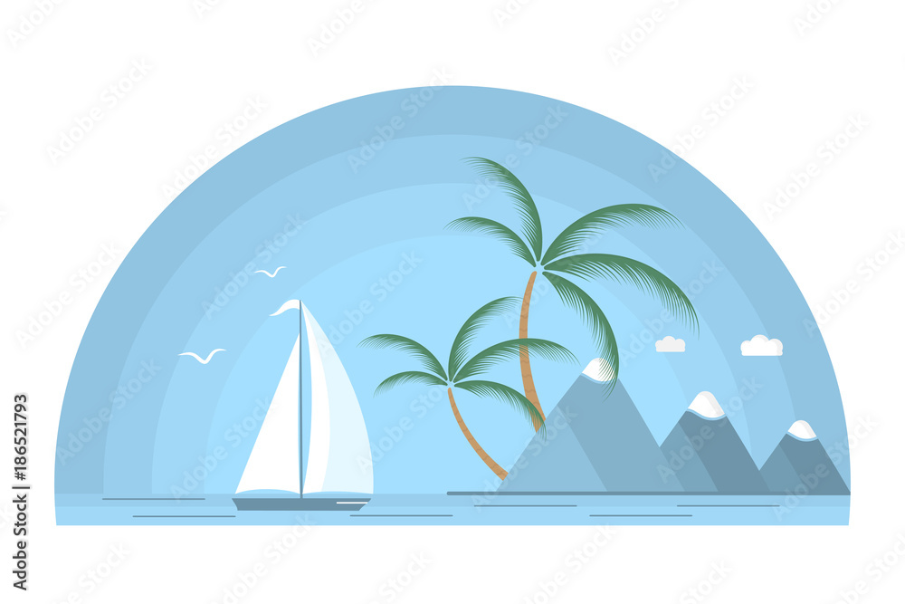 A ship with a white sail against the background of a tropical island with palm trees and mountains. Seascape. Design for a travel company, for water sports, for the yacht club.