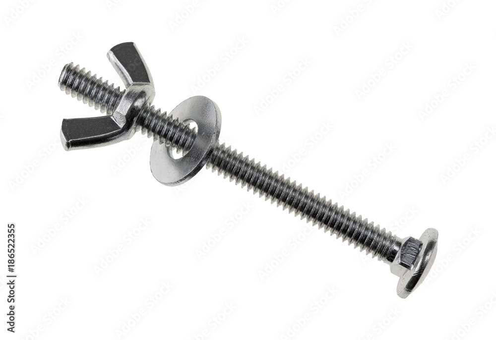 Top view of an assembled wing nut, bolt and washer isolated on a white background. Top view of an assembled wing nut, bolt and washer isolated on a white background.