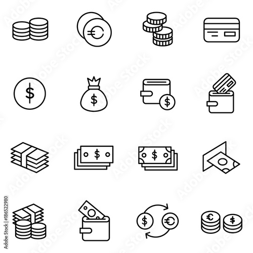 Money related vector icons. Contains such Icons as Wallet, ATM, Bundle of Money, Hand with a Coin and more